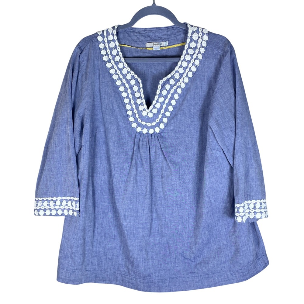 Boden Tunic Top Womens 16 Blue Very Good Cotton Crochet Trim 3/4 Sleeve Pullover